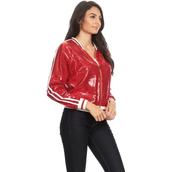Brand New Women Red Polyester Sequin Bomber Jacket Zip Up Track Stripe Ribbed - Picture 3 of 7